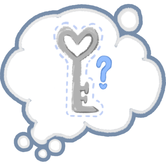  a white thought bubble, inside the thought bubble is a grey key in the shape of a heart at the top and spokes are the bottom, the key is outlined in a light blue dashed line, next to the key is a blue question mark.